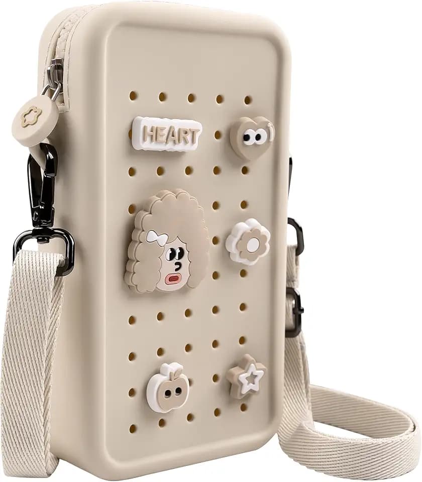 Silicone Crossbody Bag for Women, DIY Charm Compatible Perforated Hole Design, Compact Waterproof Lightweight Phone Purse with Adjustable Strap for Daily Use (Beige)