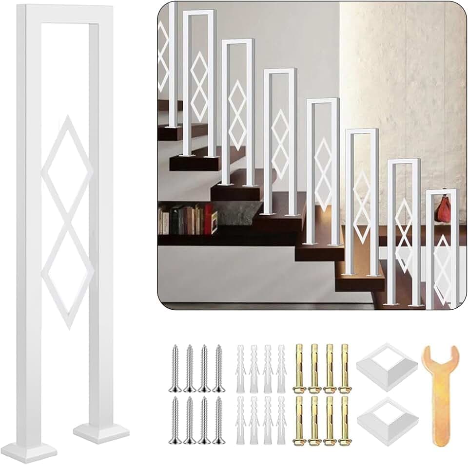 U-Shaped Stair Handrail, White Wrought Iron Hand Rails Decorative Railing for Indoor Stairs, Porch Deck Loft Corridor Safety Non-Slip Support Poles, with Diamond Pattern (White/2.8FT/85CM)