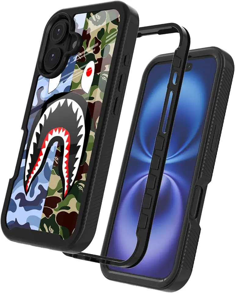 Street Fashion Cool Camo Blue Green Shark Design Compatible with iPhone 16 Case for Boys Man Luxury Shockproof Rugged Cover Dual Layer Soft TPU + Hard PC Bumper Full-Body Protective Case