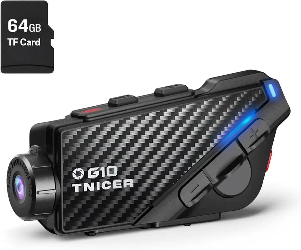 TNICER Motorcycle Bluetooth Headset with Camera G10 Motorcycle Camera with EIS Helmet Bluetooth Headset 8-Way 1000m WiFi Recording Intercom with 64G Card