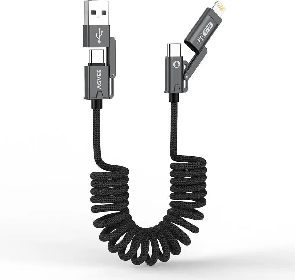 AGVEE 3ft 4-in-1 Coiled Multi Charging Charger Data Transfer Cable