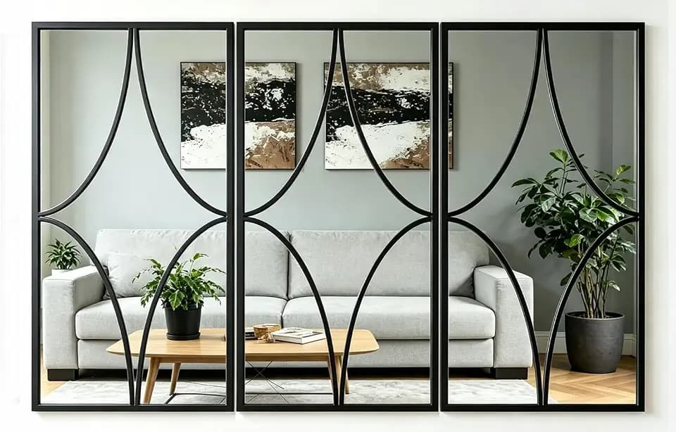 Set of 3 Black Wall Mirrors, Modern Geometric Decorative Mirror Set with Curved Line Design, Contemporary Wall Mirror Decor for Living Room, Bedroom, Entryway and Dining Room