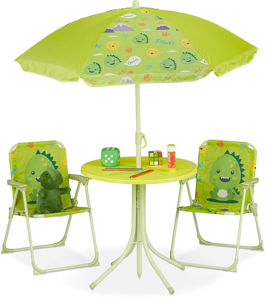 Relaxdays Camping Kindersitzgruppe, Kindersitzgarnitur mit Schirm, Kinderklappstühle & Tisch, Strand & Garten, Farbwahl