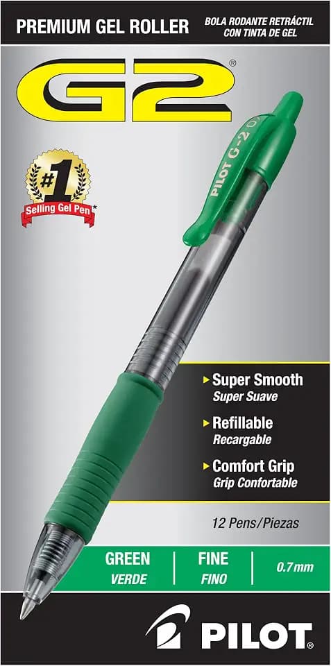 PILOT G2 Premium Gel Pens, Fine Point 0.7mm, Green Ink, 12-Pack