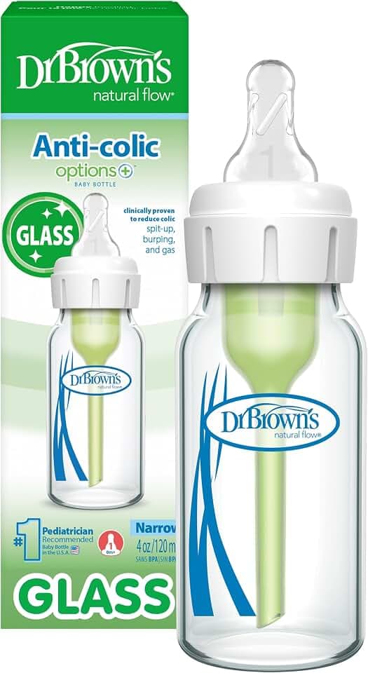 Dr. Brown's Anti-Kollik Options+ Schmale Glas-Babyflasche mit Level 1 Langsamem Durchfluss-Sauger, BPA-frei, 120 ml/4 oz, ab 0 Monaten, 1-Pack (Verpackung kann variieren)