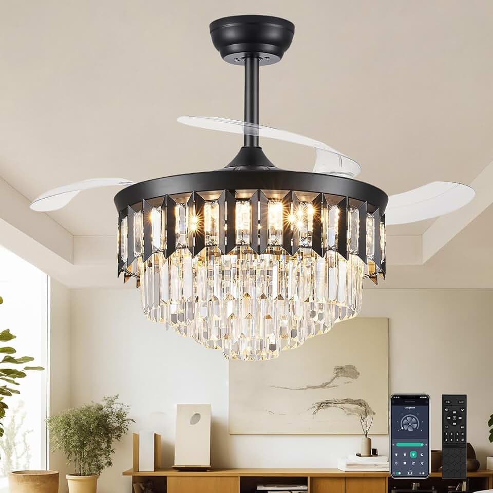 TXCSLY 42" Black Fandelier Ceiling Fan with Light, Crystal Chandelier Fan