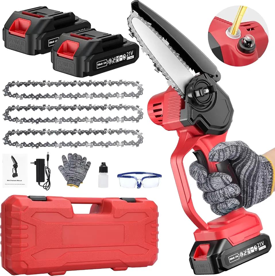 Mini Chainsaw Cordless 6-Inch, Handheld Chainsaw with Auto-Oiler, 2 Batteries & 3 Chains, Portable Electric Chainsaw for Tree/Wood Cutting Trimming Gardening - Ideal Gift for Men, Women, Seniors.red