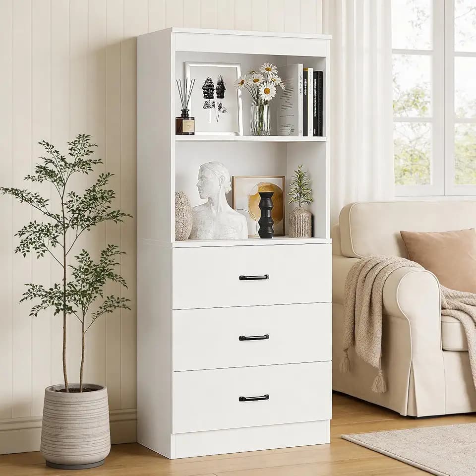 55.5" H Bookshelf with Drawers, Tall Bookcase with 2-Tier Open Shelves, Bookshelf and Bookcase with Storage Cabinet for Home Office,Living Room(White, 5-Tier)