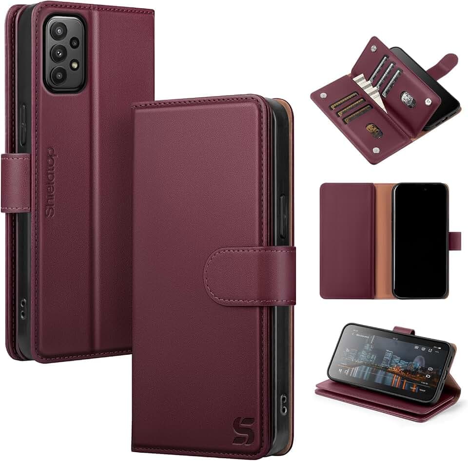 Shieldtop Compatible with Samsung Galaxy A32 5G Wallet Case with Card Holder,RFID Blocking PU Leather Phone Case Folio Flip Shockproof TPU Protective Cover Credit Card Slots Women Men,Wine Red