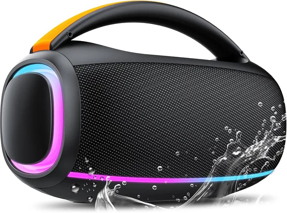 Bluetooth Lautsprecher mit Licht, 80W Musikbox Bluetooth, Dualen Bass-Treibern, 8000mAh großer Akku, IPX7 Waterproof, TWS, AUX, TF, Bluetooth Box Geeignet Outdoor/Party/Baustelle