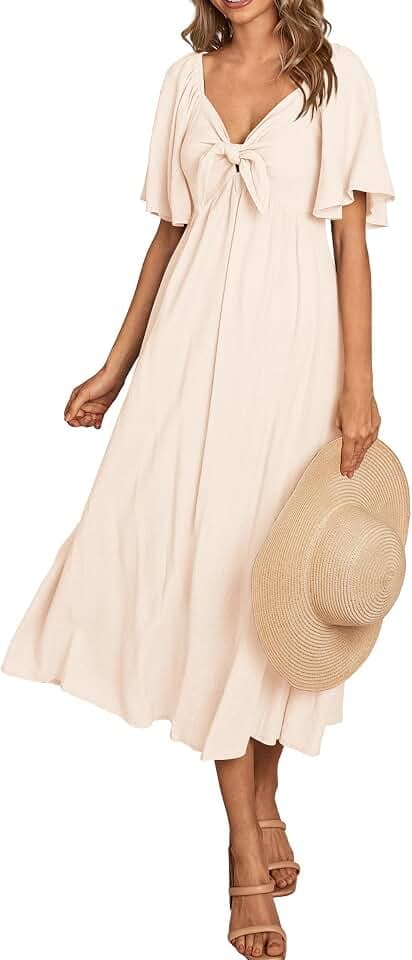 PRETTYGARDEN Women's Summer Bow Tie V Neck Midi Dresses