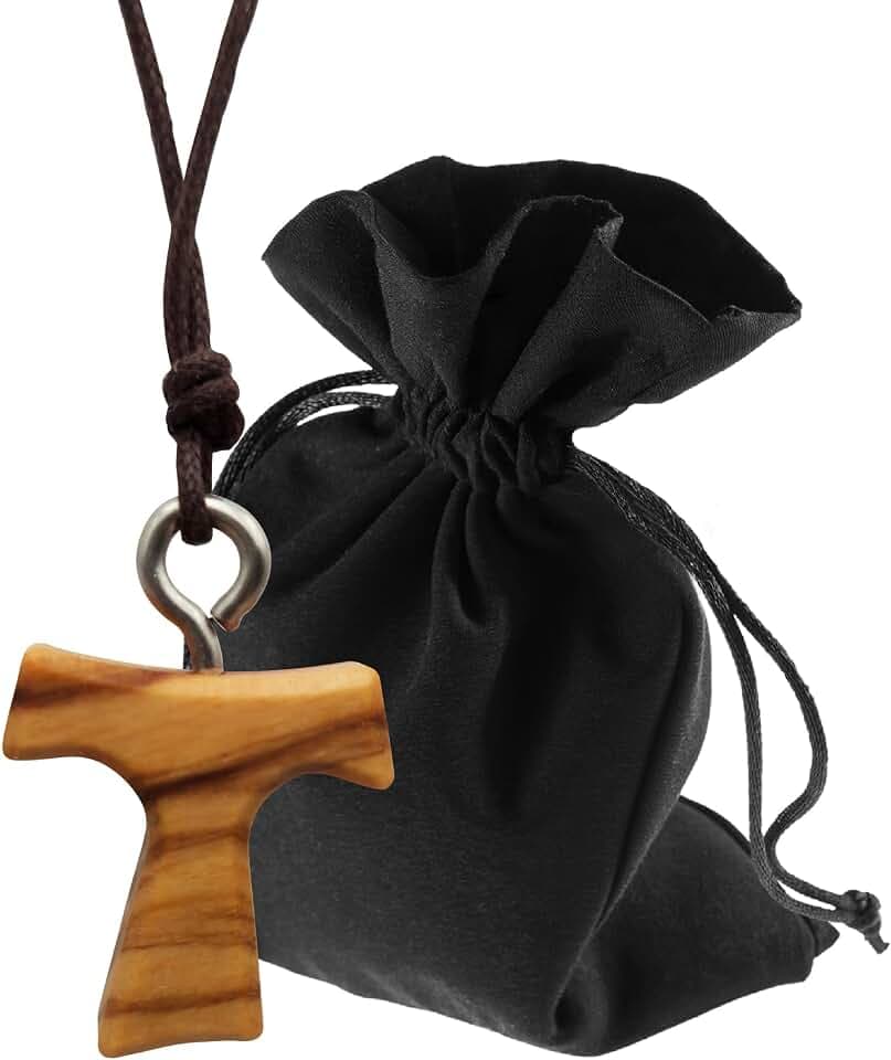 Tau Kreuz Olivenholz Kette, dunkelbraune Kordel, 2,0 cm