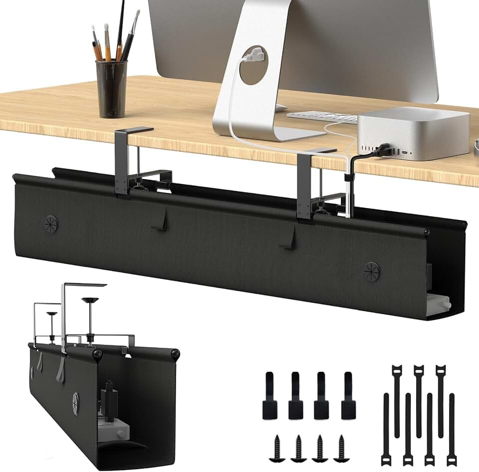 Under Desk Cable Management Tray, 40-inch No-Drill Cord Organizer with Anti-Sag Reinforced Base, Fabric Wire Management Hider for Standing Desk, Office & Gaming Accessories - Black