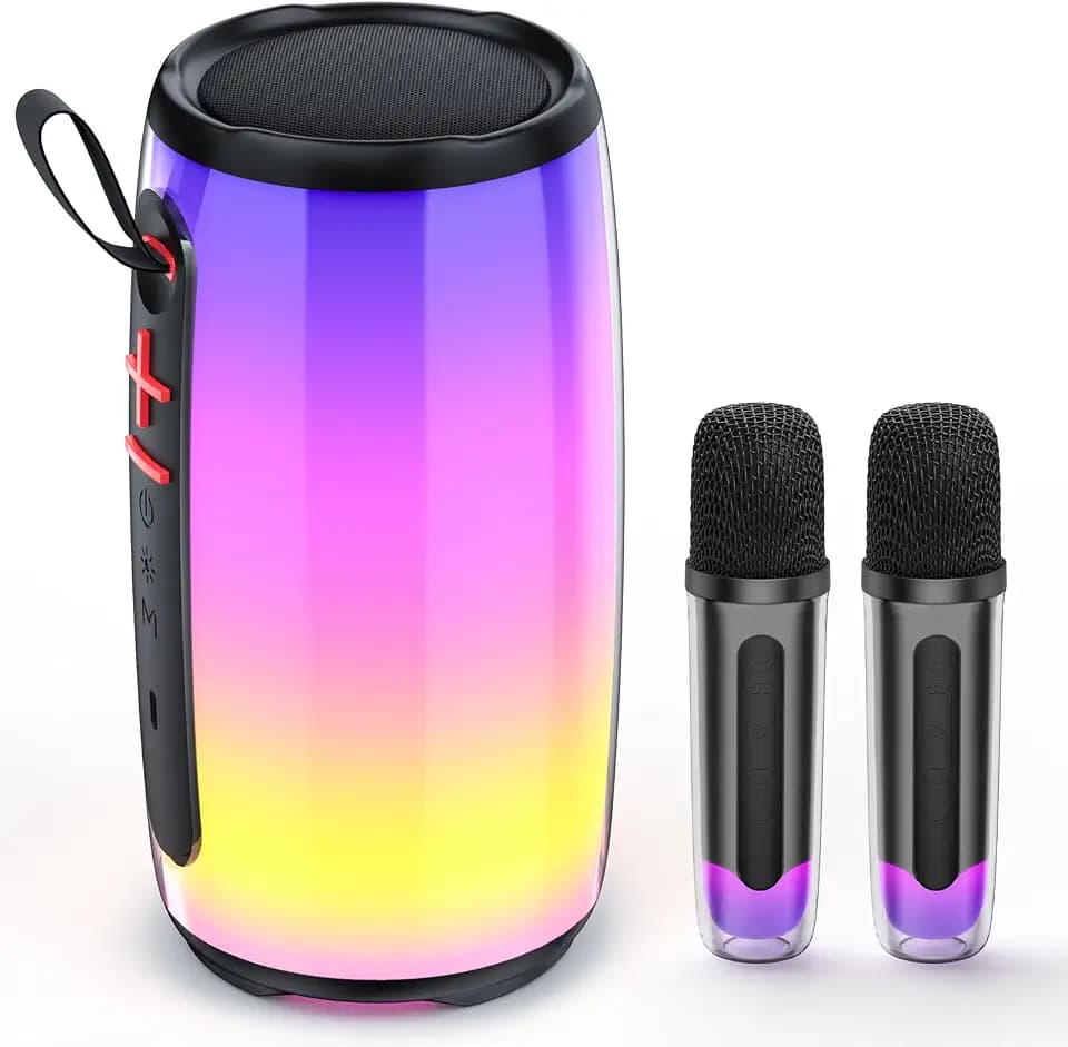 Mini Portable Karaoke Machine, Wireless Waterproof Bluetooth Party Speaker for Adults and Kids with Dazzling Lights and 2 Wireless Microphones, Gifts Toys for Girls Boys, Support TWS/TF Card/USB/AUX
