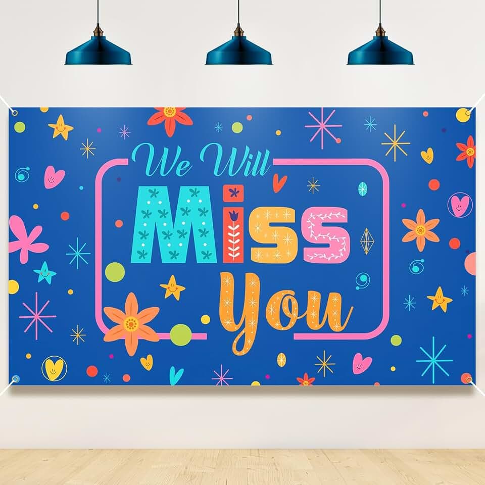 We Will Miss You Backdrop, Going Away Party Decorations, Blue Farewell Banner Photo Booth Props for Goodbye, Graduation, Retirement Party Decorations, Vibrant Colors, Sturdy, Fabric, PHXEY