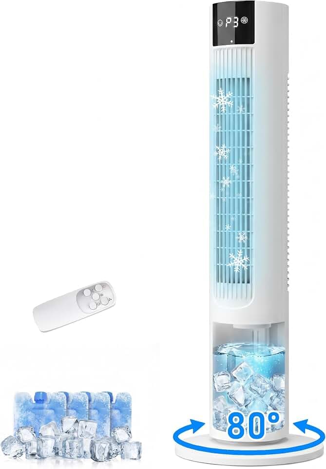 35" Evaporative Air Cooler, 3-In-1 Swamp Cooler, Portable Air Conditioners No Windows Needed, 3 Speeds, 4 Ice Packs, 12H Timer, 80° Oscillation, Remote, AC Cooling Fan for Bedroom, Room