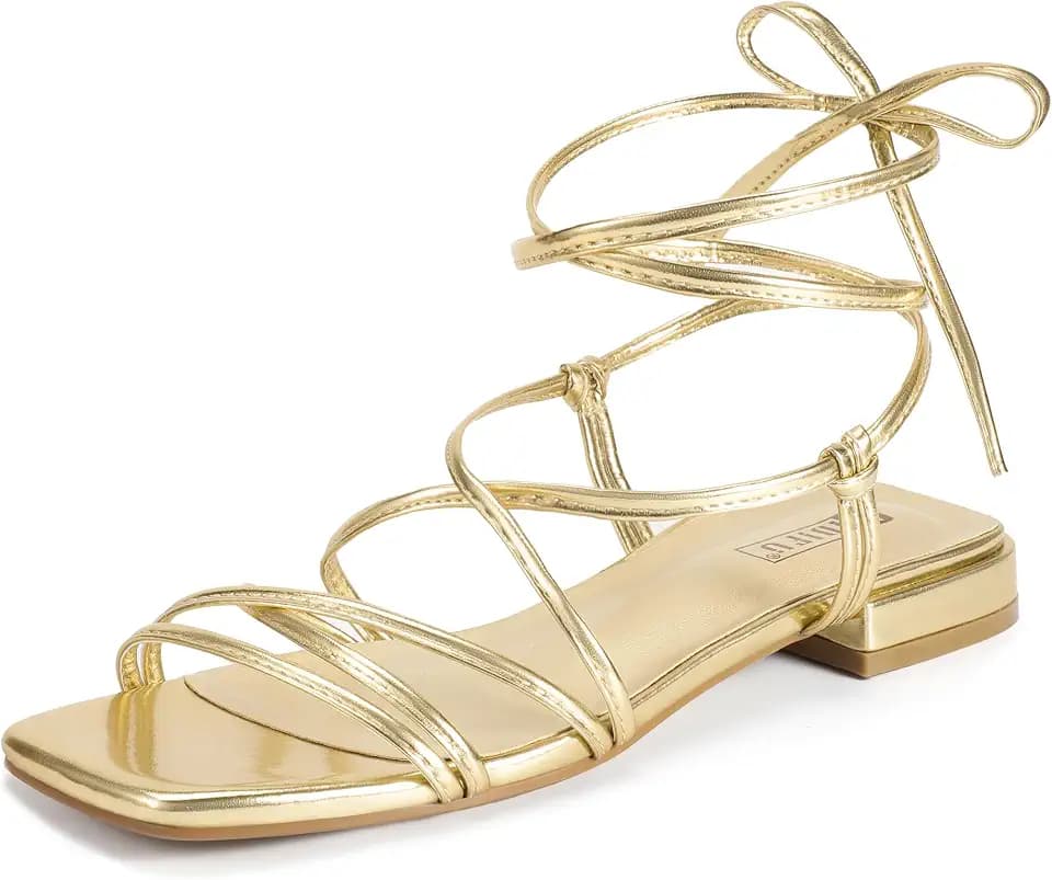 IDIFU Strappy Lace Tie Up Square Toe Ankle Wrap Flat Sandals for Women