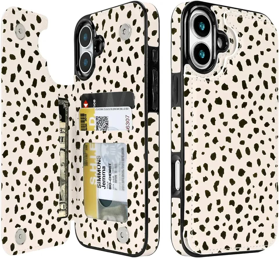 uCOLOR for iPhone 16 Wallet Case with Card Holder Almond Latte Polka Dot