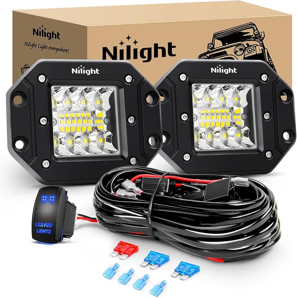 Nilight 2PCS 42W LED Flush Mount Light Pods Upgraded Spot Flood Combo Beam 12V 5Pin Rocker Switch Wiring Harness Kit-2 Leads, 2 Years Warranty (ZH044)