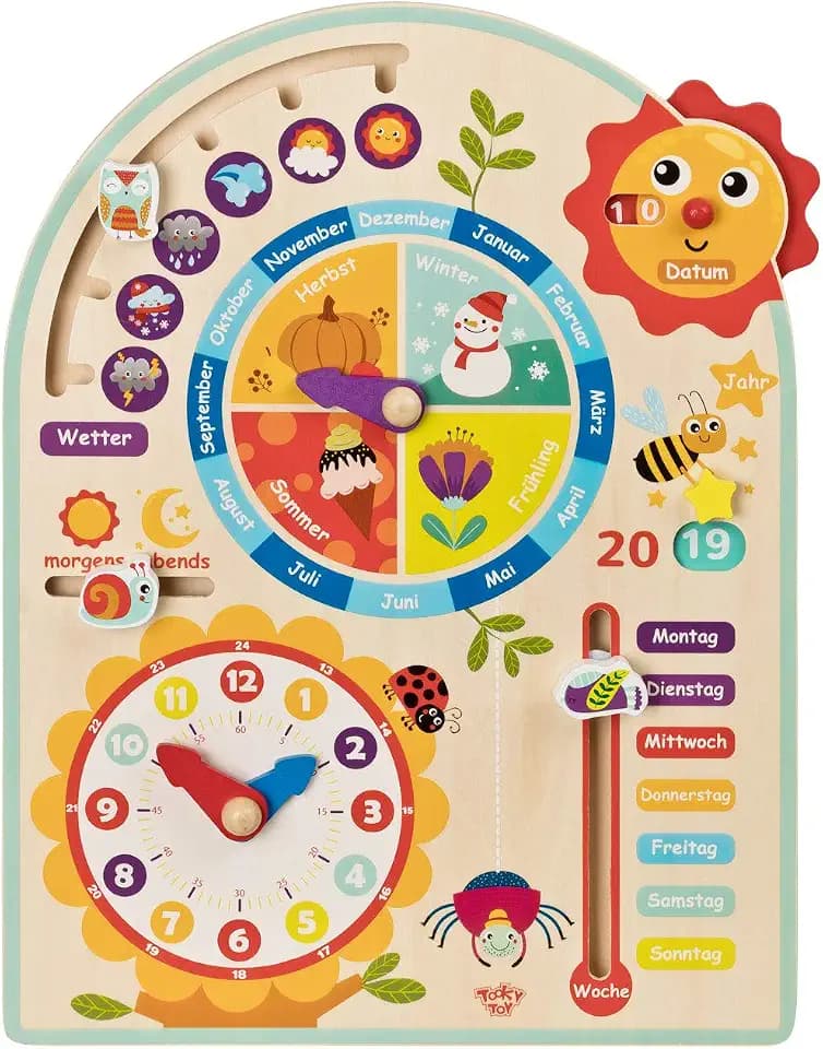 Tooky Toy Kalenderuhr Jahresuhr - Kinder Lernuhr - Holz Spielzeug Lern-Spielzeug - Uhr - Jahreszeiten - Wetter aus Holz