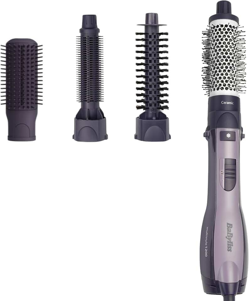 BaByliss Smooth Finish 1200 – 4‑in‑1 Warmluftbürste zum Trocknen, Formen, Glätten & Volumenstyling, Ionen‑ & Keramiktechnologie, 4 Aufsätze, 1200W, Schwarz, AS121E