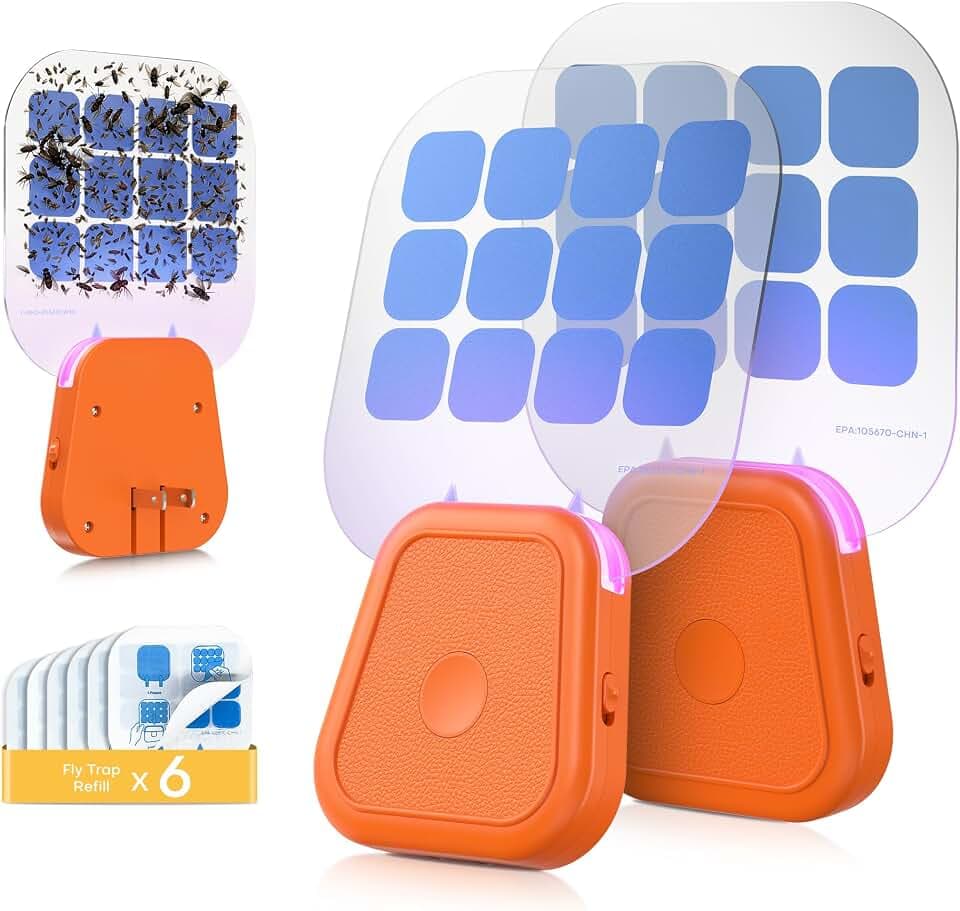 Fruit Fly Traps,Plug in Fly Trap with UV Light & Glue Cards,Fly Trap Indoors for Gnats, Mosquitoes,Moths & More,Insect Trapper for House Kitchen Garage, 2 Pack & 6 Refills