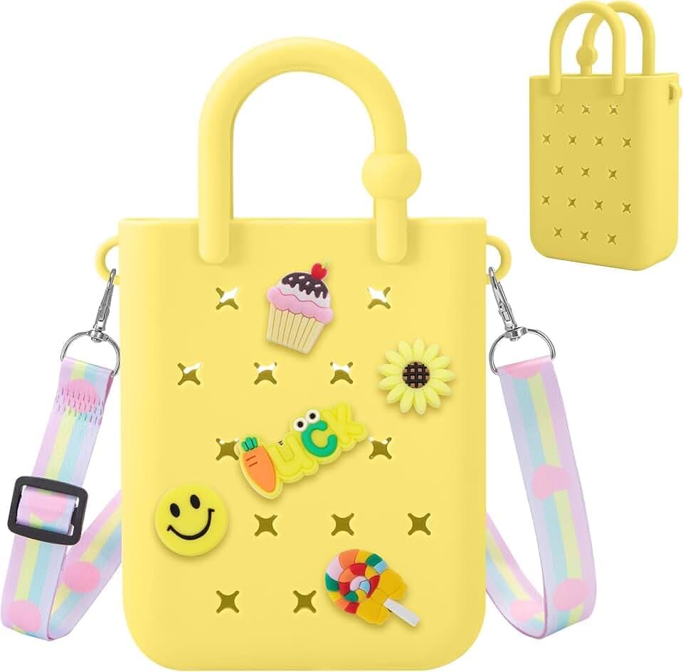 Mini Rubber Tote Bag, Silicone Beach Tote with 30 Charms & Adjustable Strap