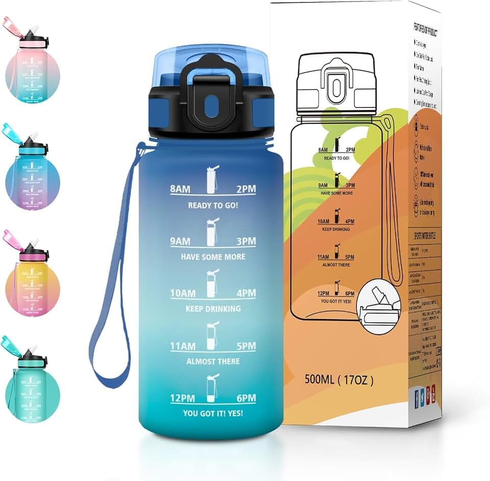 Wasserflasche 500ml, Trinkflasche Auslaufsicher mit Strohhalm und Zeitmarkierung, BPA-frei, Kohlensäure Geeignet, Sport-Trinkflasche für Outdoor, Fitness, Schule, Büro und Fahrrad
