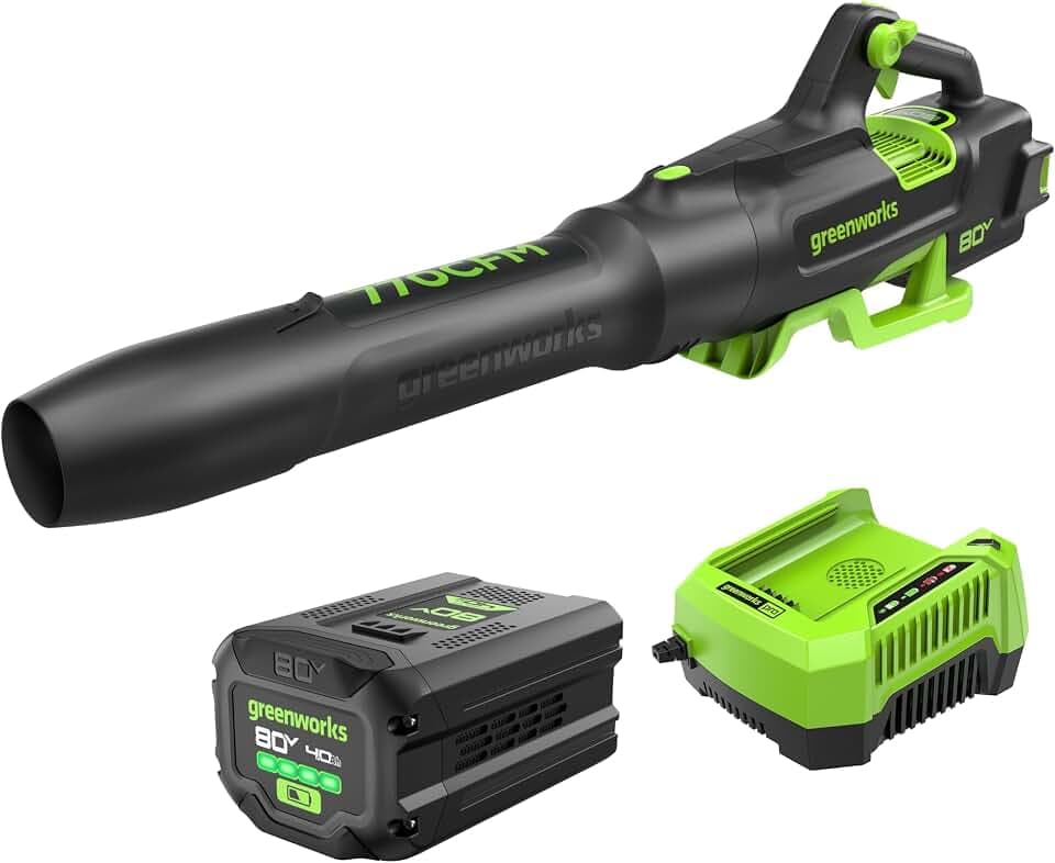 Greenworks 80V Electric Leaf Blower, 770 CFM, 4.0 Ah Battery and Charger