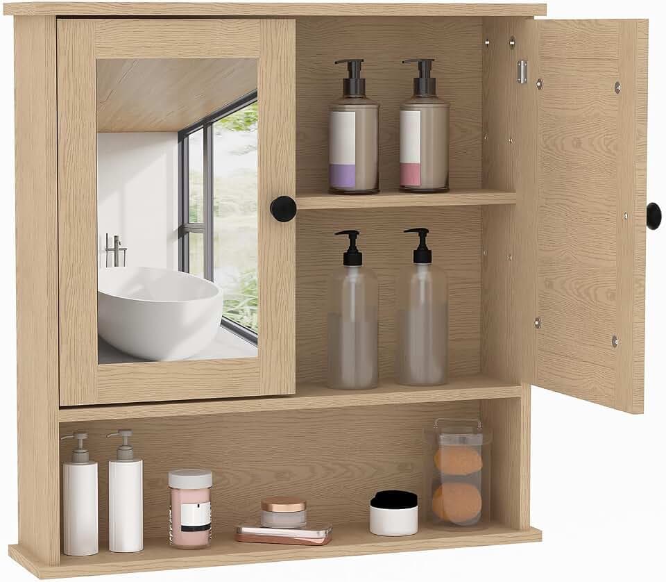 Bathroom Wall Cabinet with Mirrored Doors – Slim Medicine Cabinet with Adjustable Shelf – 2.2x23x5.1 Inch Compact Wall Cabinet for Bathroom, Kitchen, Laundry Room, Entryway