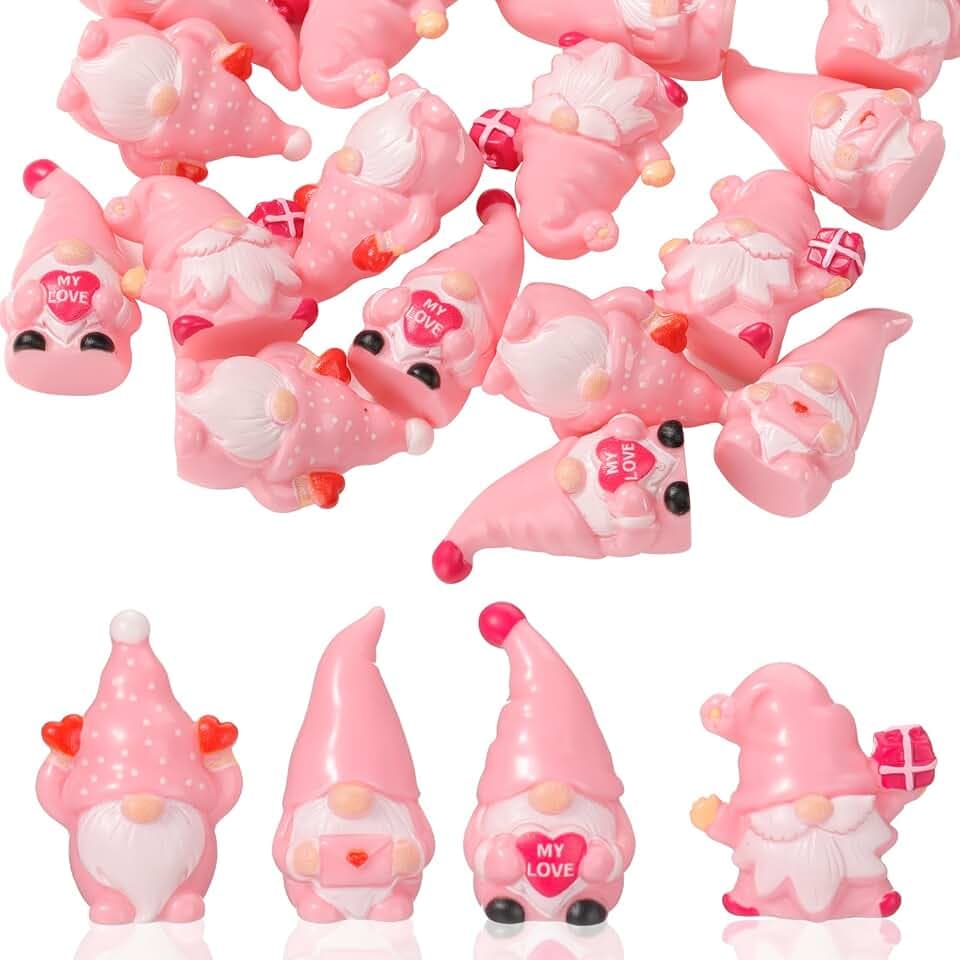 Roowest 60 Pcs Valentines Day Gnome Ornaments Mini Resin Heart Gnomes Figurines Tiny Cute Pink Valentine's Day Decorations for Home Wedding Tabletop Table Centerpiece Tray Decor Gifts