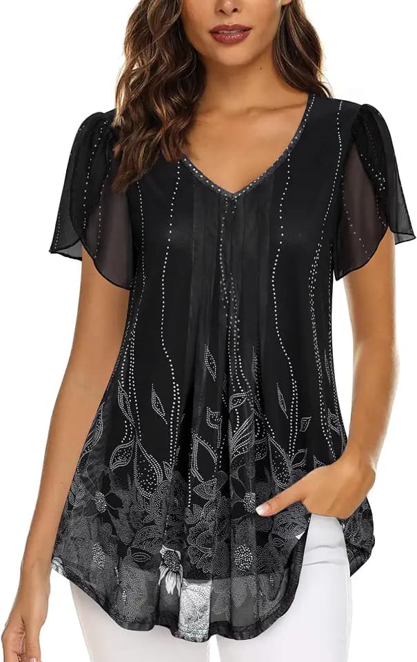 VALOLIA Womens Tops Short Sleeve Shirts Casual V Neck Blouse Double Layers Mesh Tunics Tops