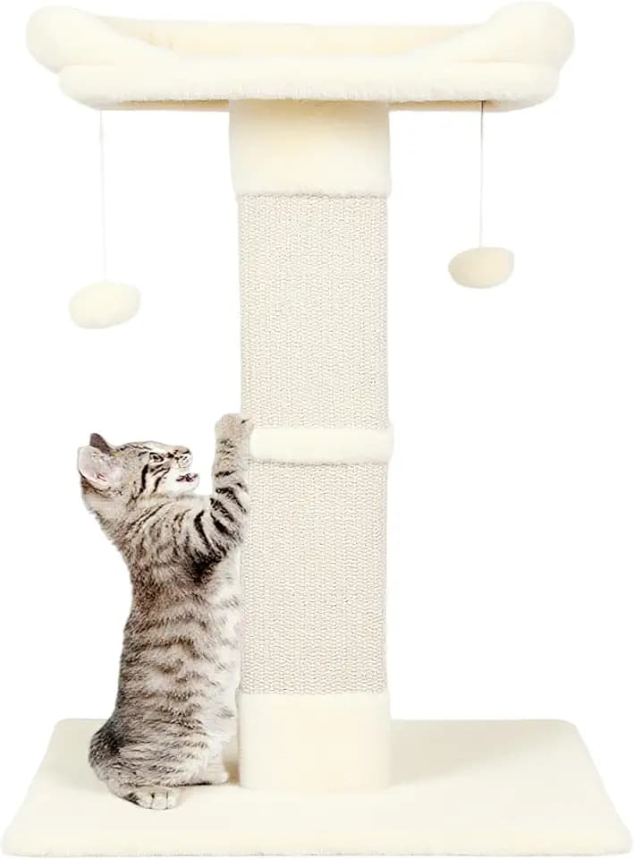 34" Cat Scratching Post for Indoor Cats, Sisal Cat Scratcher with Large Plush Perch, Vertical Posts with Elevated Bed and with Two Dangling Balls, Removable & Washable Cover, Beige White