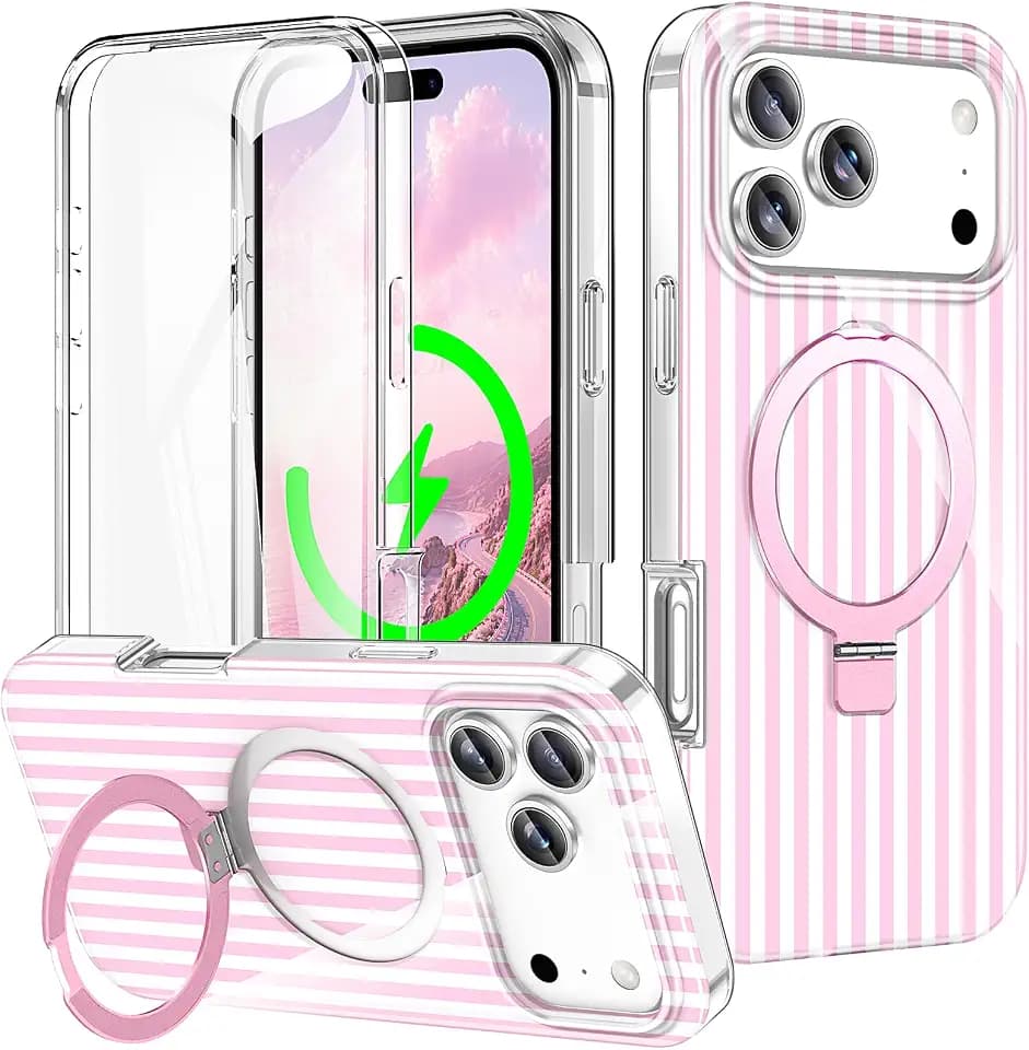 for iPhone 17 Pro Max Case with Screen Protector-Pink Striped