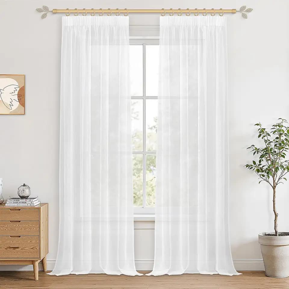 CUTEWIND Vorhänge Wohnzimmer mit Kräuselband Vorhang Weiß 260 cm lang und Gardinen Transparent 140 cm breit Voile Gardinen Weiss Leinenoptik für Schlafzimmer und Living Room 2er Set
