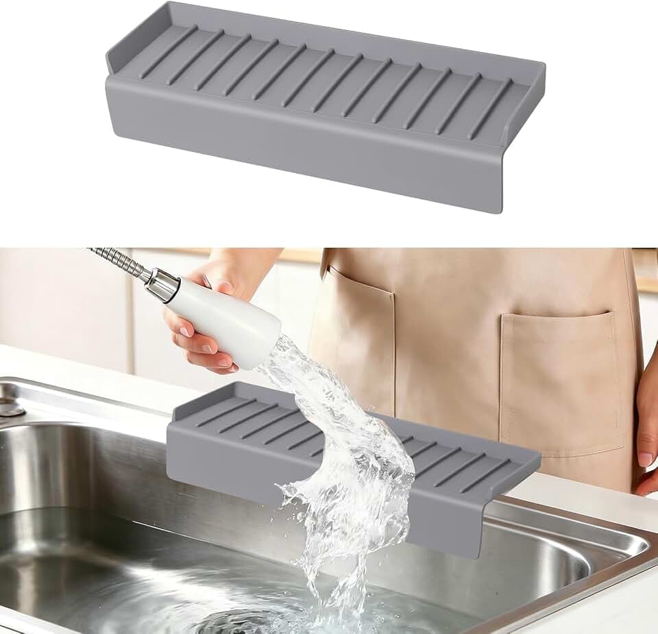 Sink Edge Protector with Suction Cup, 14" x 4", Silicone Sink Splash Guard for Kitchen & Bathroom, Protect Countertop from Scratches, Stains, for Stainless Steel Granite Quartz, Gray