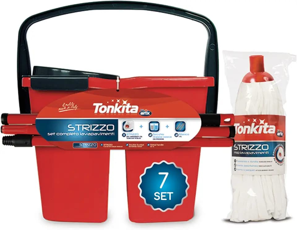 TONKITA | Strizzo, Bodenreinigungsset, 3-teilig, Eimer mit 2 Schüsseln mit Auswringer 14 Liter, Stiel 130 cm in modular lackiertem Stahl, Wischmopp Bodenwischer - 7 Sets, Rot