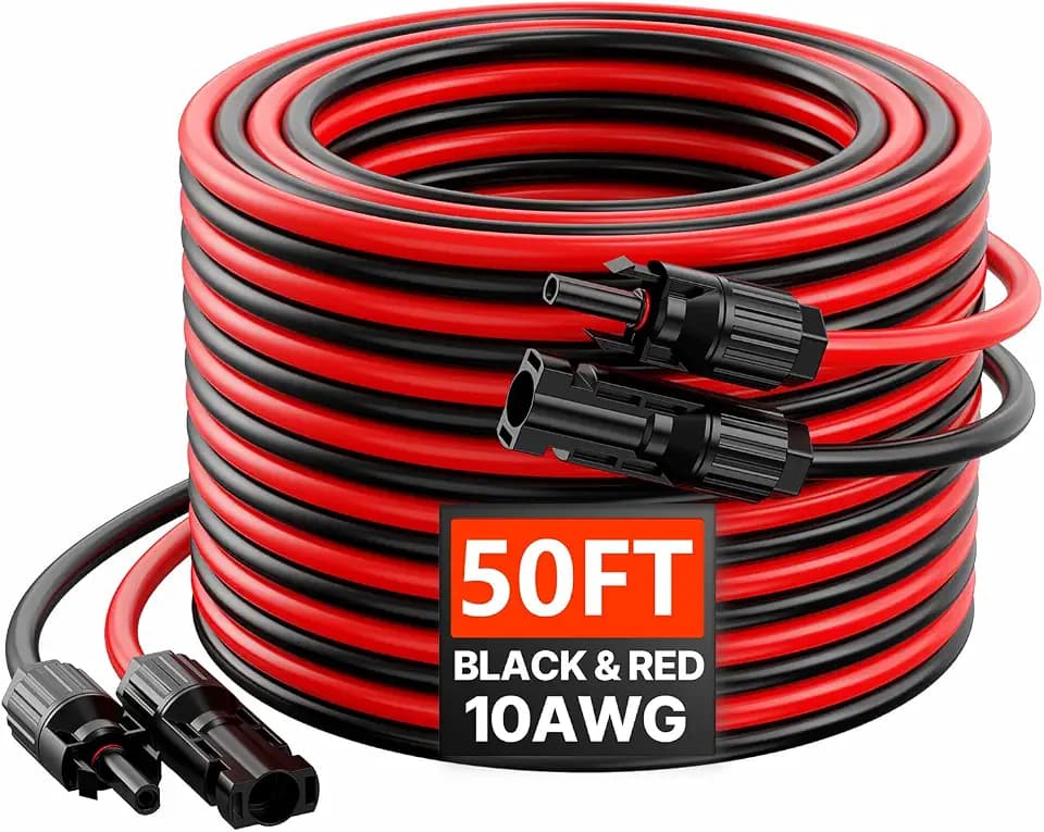 VEVOR 50FT Solar Panel Extension Cable, 10AWG Solar Extension Cable Wire with Female & Male Waterproof Connectors, 6mm² PV Cable for Home, Ship and RV Solar Panels, 50FT Black + 50FT Red (Set of 2)