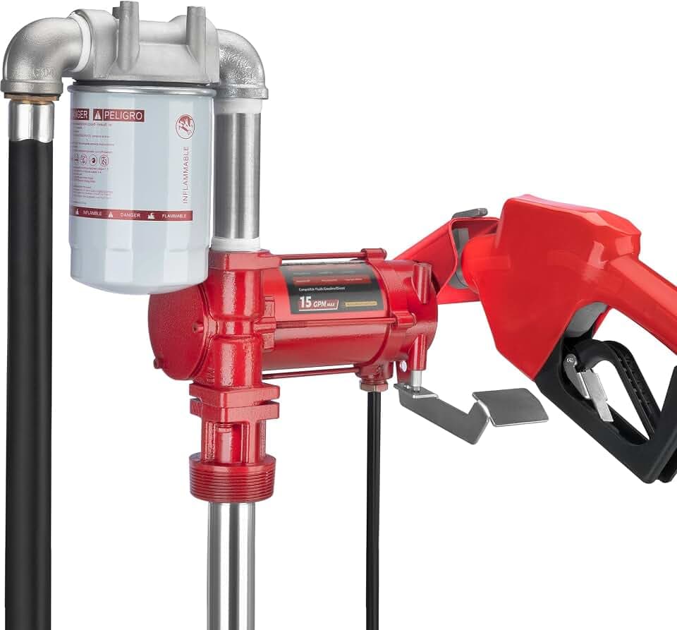 12V DC 15 GPM Fuel Transfer Pump with Discharge Hose, Automatic Nozzle, Premium Filter Package, Suitable for Gasoline, Diesel, Kerosene, Ethanol & Methanol Blends