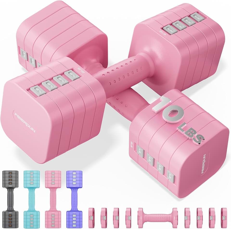 FEIERDUN DB3 5-in-1 Adjustable Dumbbell Set, 6LB/10LB Pair Adjustable Weights for Women at Home, Dual Locking Stable Hand Weights with TPU Soft Handle, Home Gym, Rehab, Pilates, Yoga, Strength Training