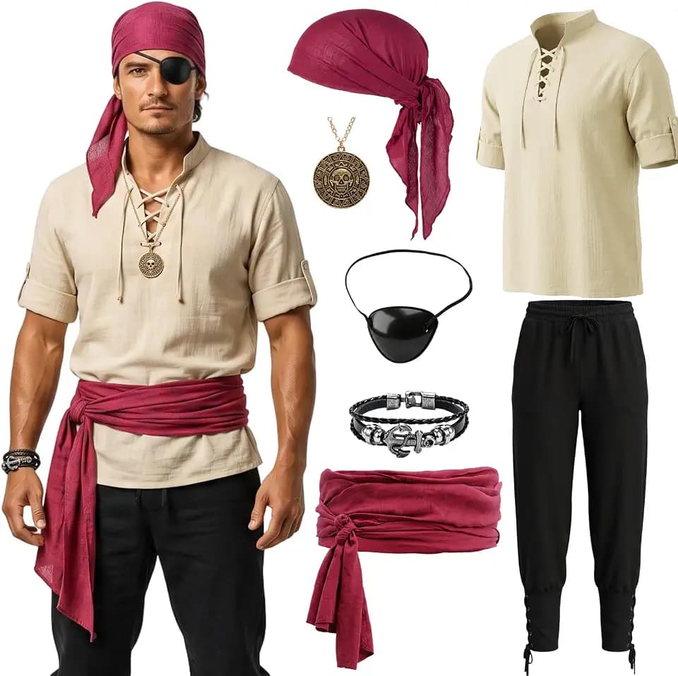 7-teiliges Piratenkostüm, Halloween-Kostüm, Herren, Piratenkostüm, Erwachsenen-Kostüm, Halloween-Kostüme für Karneval, Cosplay-Partys