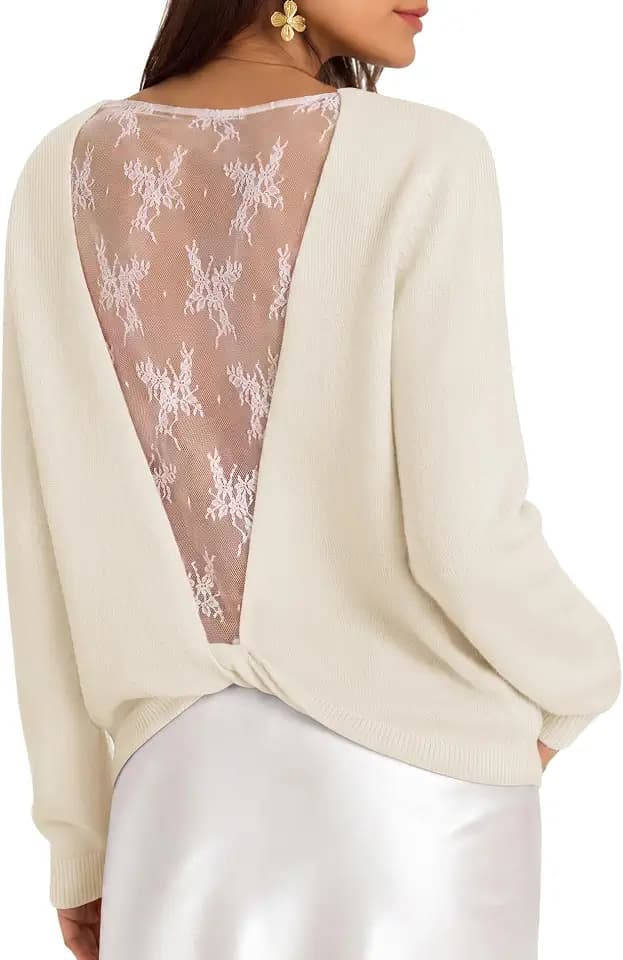 ZESICA Women's 2026 Lace Back Fall Long Sleeve Sweater Tops