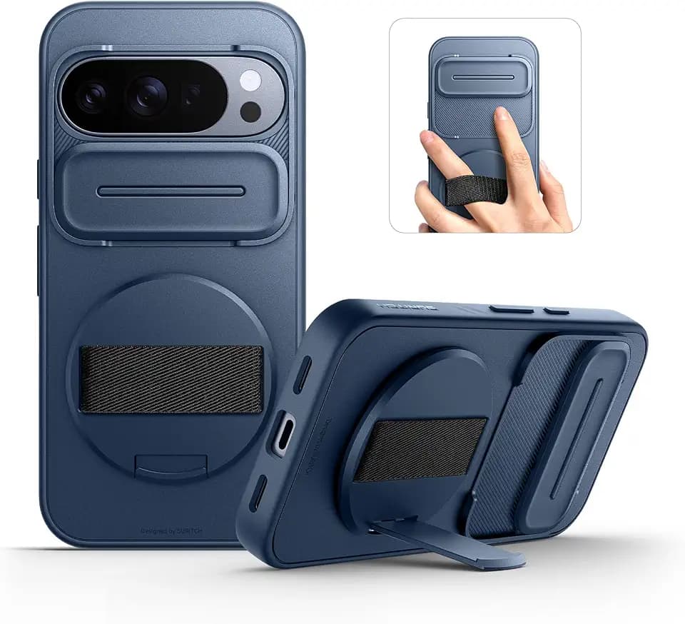 SURITCH for Google Pixel 10 Pro XL Case with 360° Rotatable Hand Strap Phone Grip Holder & Invisible Kickstand & Slide Camera Cover, Protective Cover for Pixel 10 Pro XL -Dark Blue