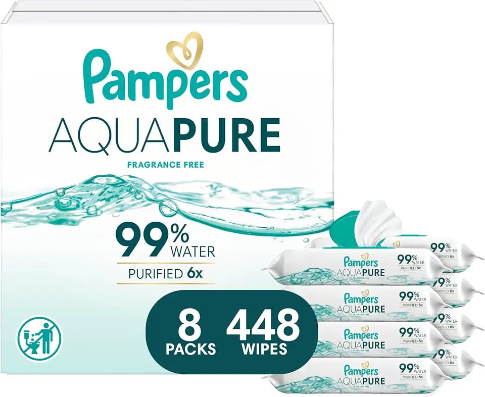 Pampers Aqua Pure Baby Wipes, Unscented, Fragrance Free, 99% Water, Water Based, Multi-Use, 448 Wipes Total (8X Flip-Top Packs)