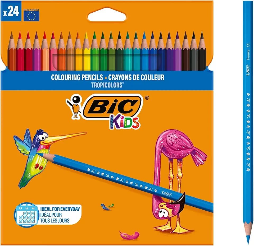 BIC Kids Buntstifte Tropicolors, zum Malen in 24 Farben, im Karton Etui, ab 5 Jahre, Bruchsichere Mine & ohne Holz