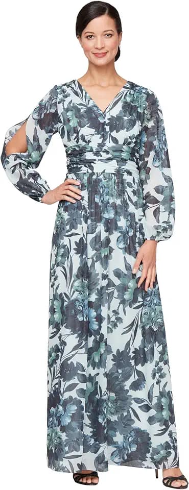S.L. Fashions Women's Long A-line Mother of The Bride Dress with Ruched Waist (Petite and Regular Sizes)