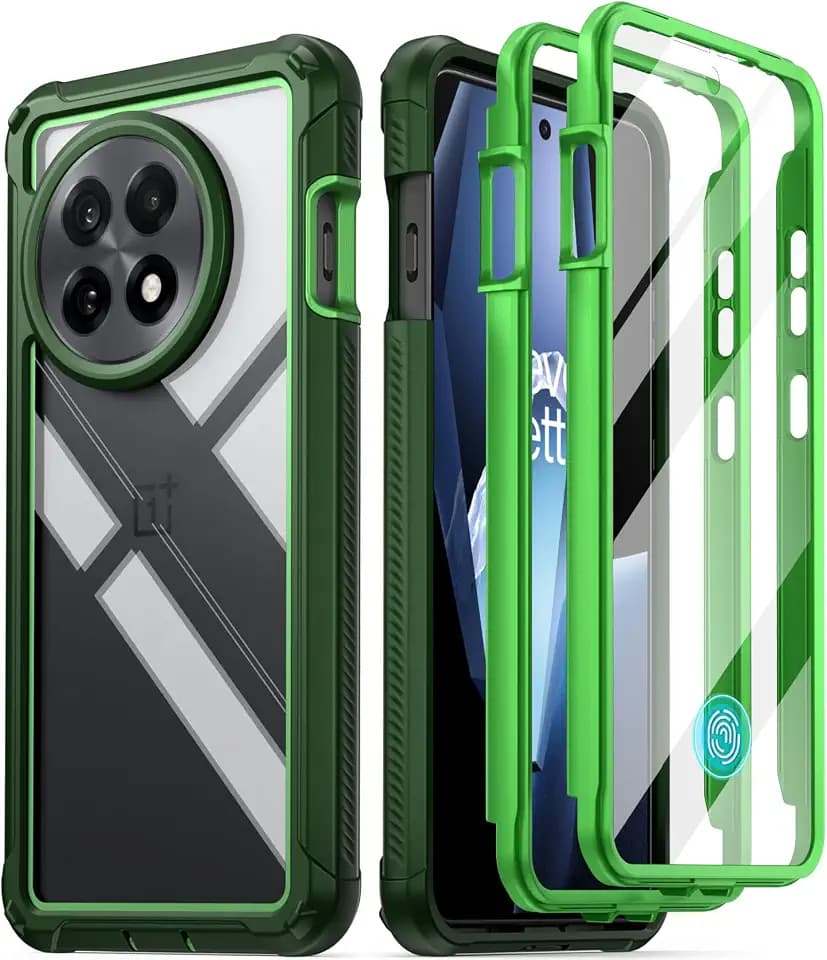 Poetic Guardian Case for OnePlus 13R 5G (2025), Built-in Screen Protector [Work with Fingerprint ID], [2 Front Frames] [20FT Mil-Grade Drop Tested] Full Body Shockproof Clear Cover Case, Green/Clear