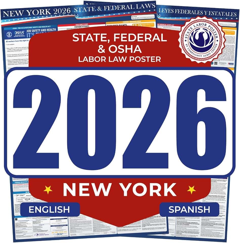 2026 New York State & Federal Mandatory Labor Law Poster, OSHA Compliant (English Spanish Combo)