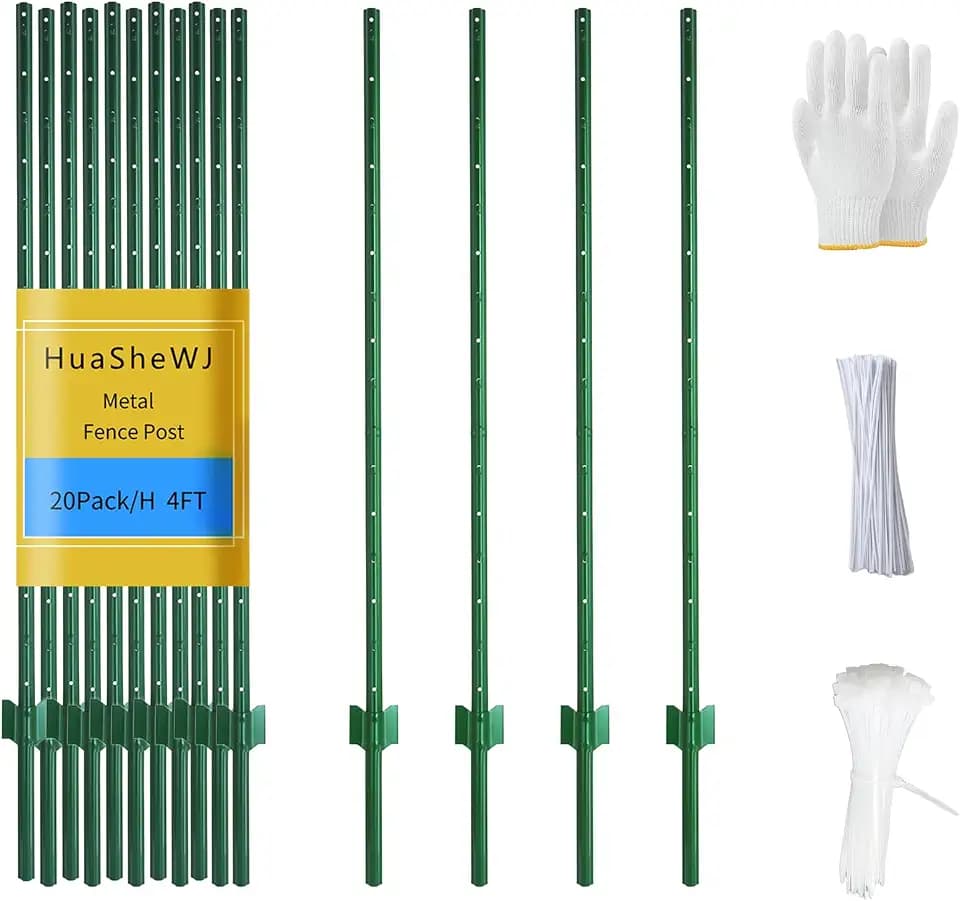 Metal Fence Post 4 Feet Green, Pack of 20, T Post for Wire Fence