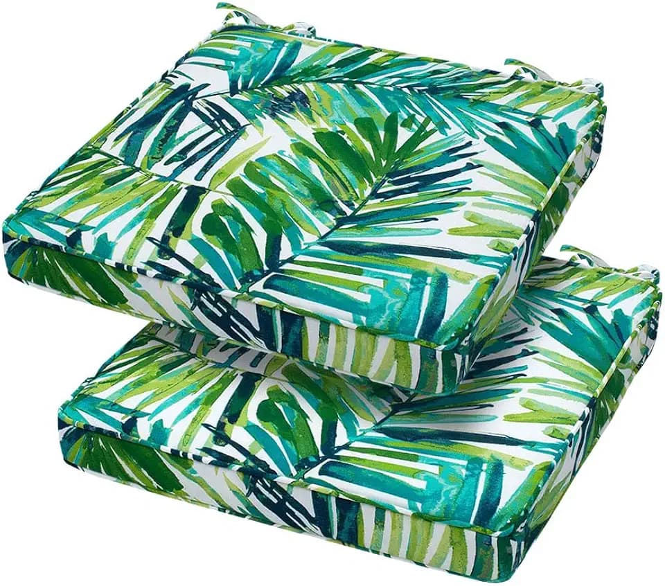 Magpie Fabrics Square Corner Seat Cushion, 18" x 18" x 2.5", 2 Pack, Indoor/Outdoor Waterproof Weather Resistant Universal Chair Pads for Patio Garden Dining - Green Palm Leaves
